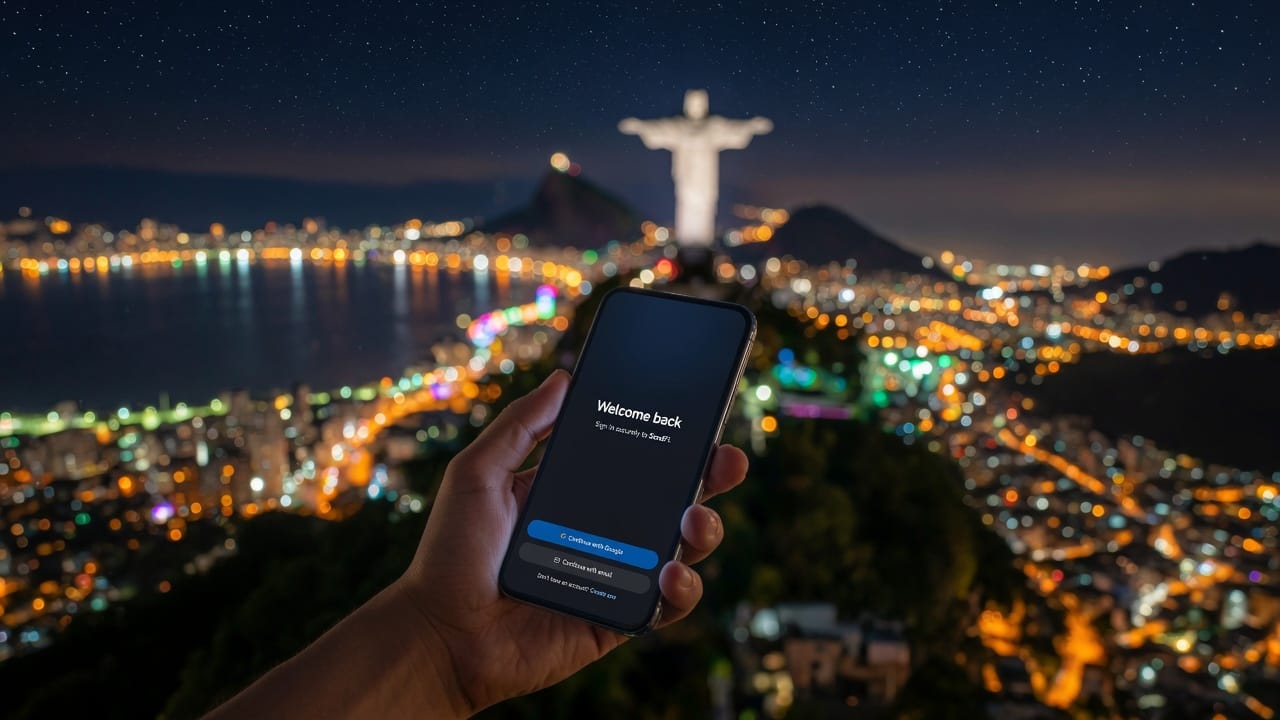 Persona sosteniendo un teléfono frente a la ciudad de Río de Janeiro al anochecer